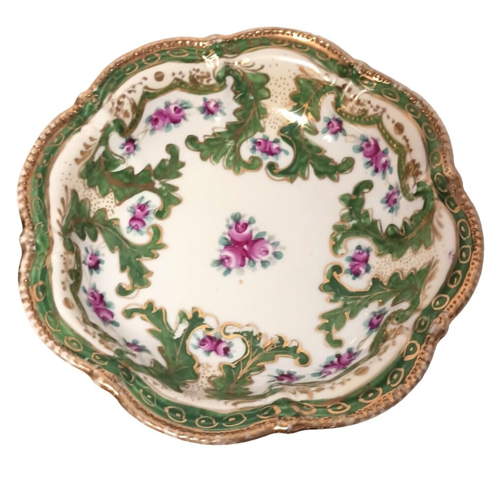 Antique Nippon Hand Painted Moriage Morimura Bowl Leaf Gold Green Roses Floral